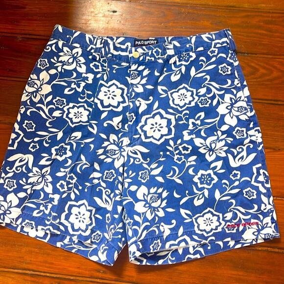 Vintage Polo Sport Ralph Lauren Hawaiian floral print flat front chino shorts 36 - Picture 1 of 7